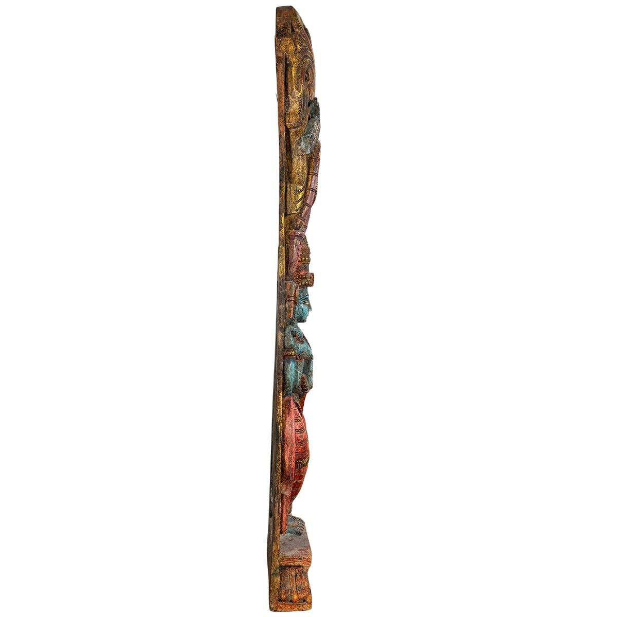 Zijaanzicht van het houten wandpaneel met Krishna