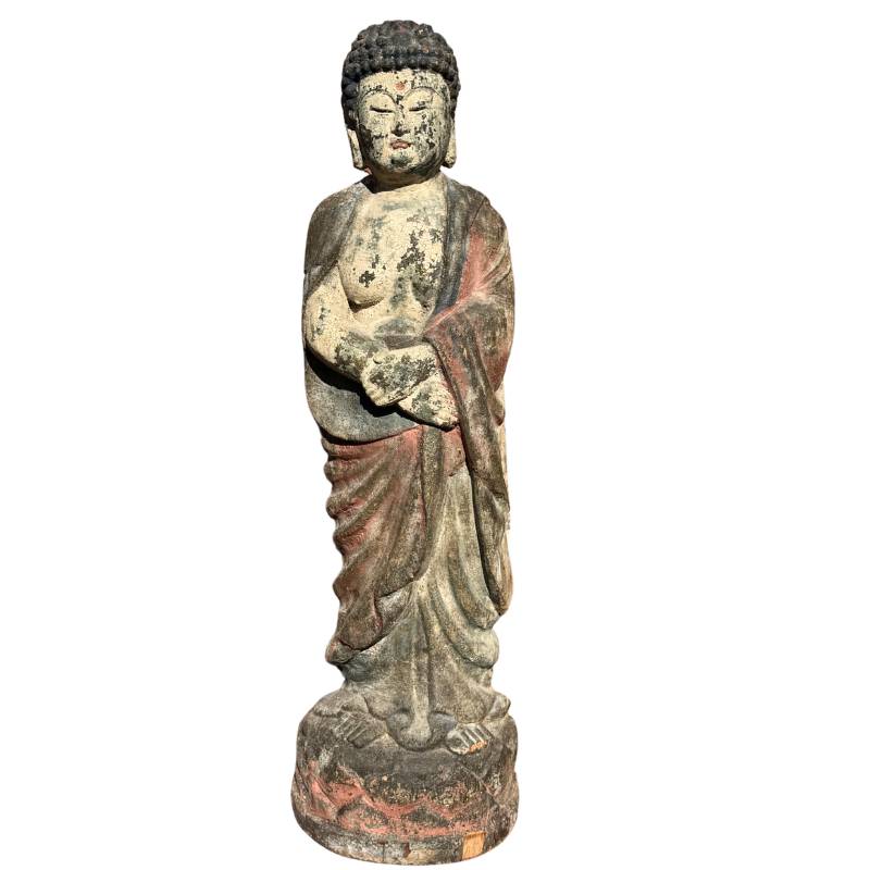 Kwan Yin houten tempelbeeld uit China met polychrome verf
