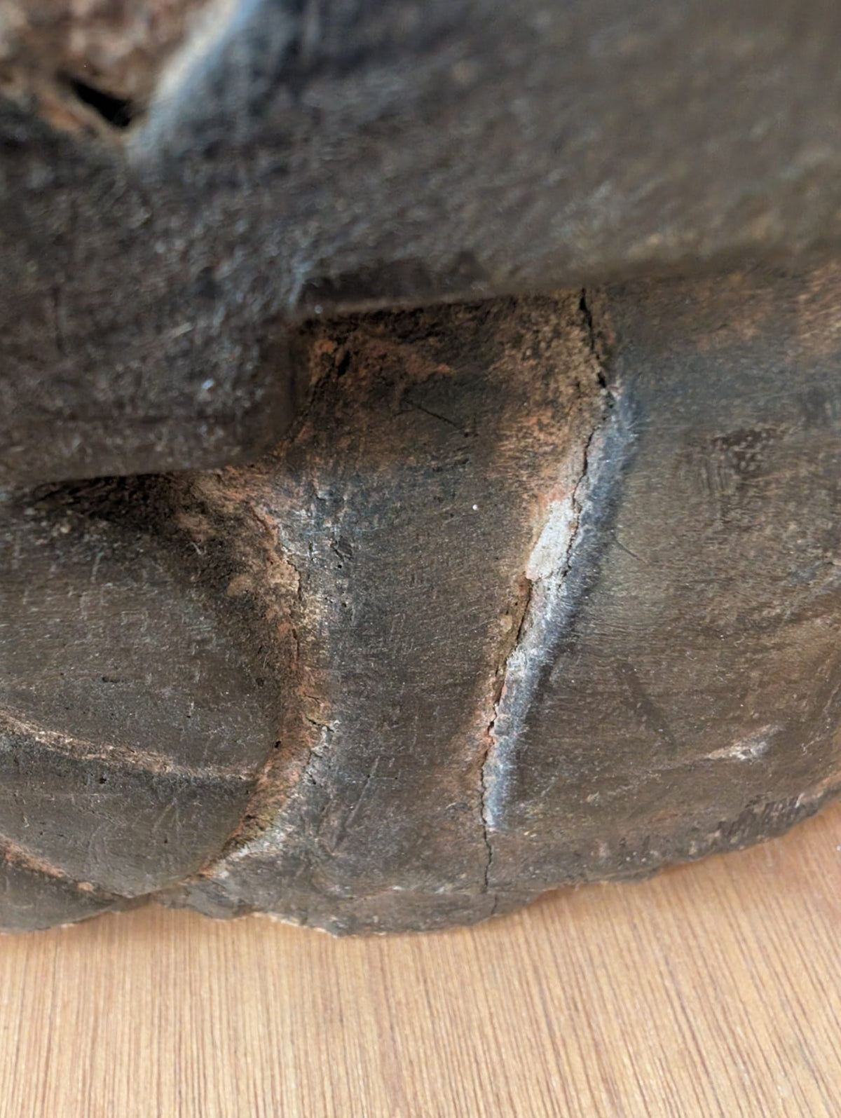 Detail of surviving polychromy and aged surface on Indian wooden figure