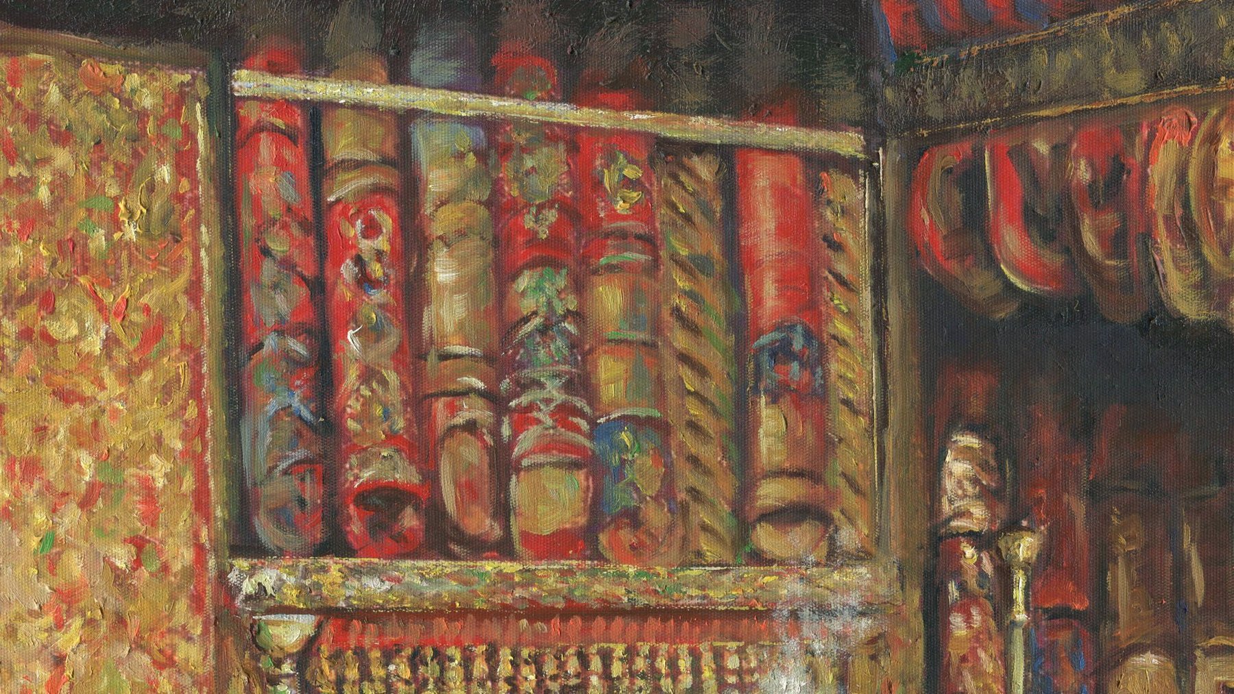 Het schilderij van Simarro gepresenteerd als exclusieve wanddecoratie in een klassiek interieur.