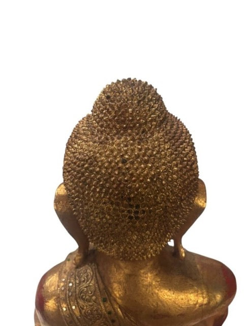 Houten Boeddhabeeld uit Myanmar in Mandalay-stijl, traditioneel verguld en authentiek oud