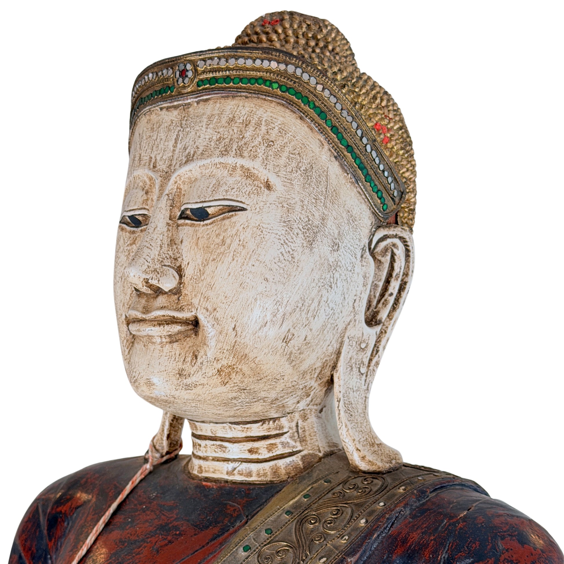 Detail van teakhouten constructie en lakwerk van Mandalay Boeddha
