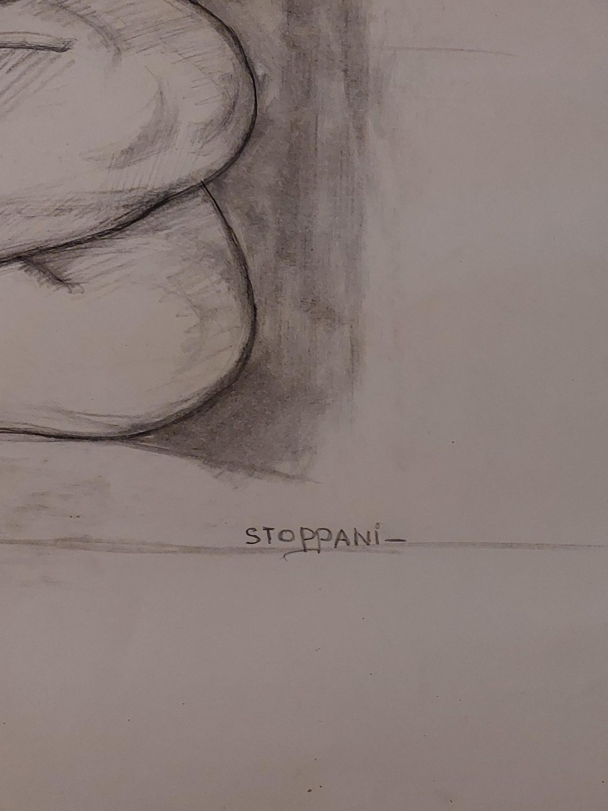 Detail van de handtekening van de kunstenaar Maurice Stoppani op het papier.