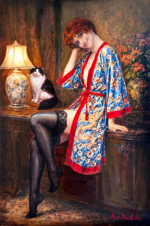 Max-Daniel – Alcove in Black Stockings – Uniek Mixed-Media Werk – 60x90 cm