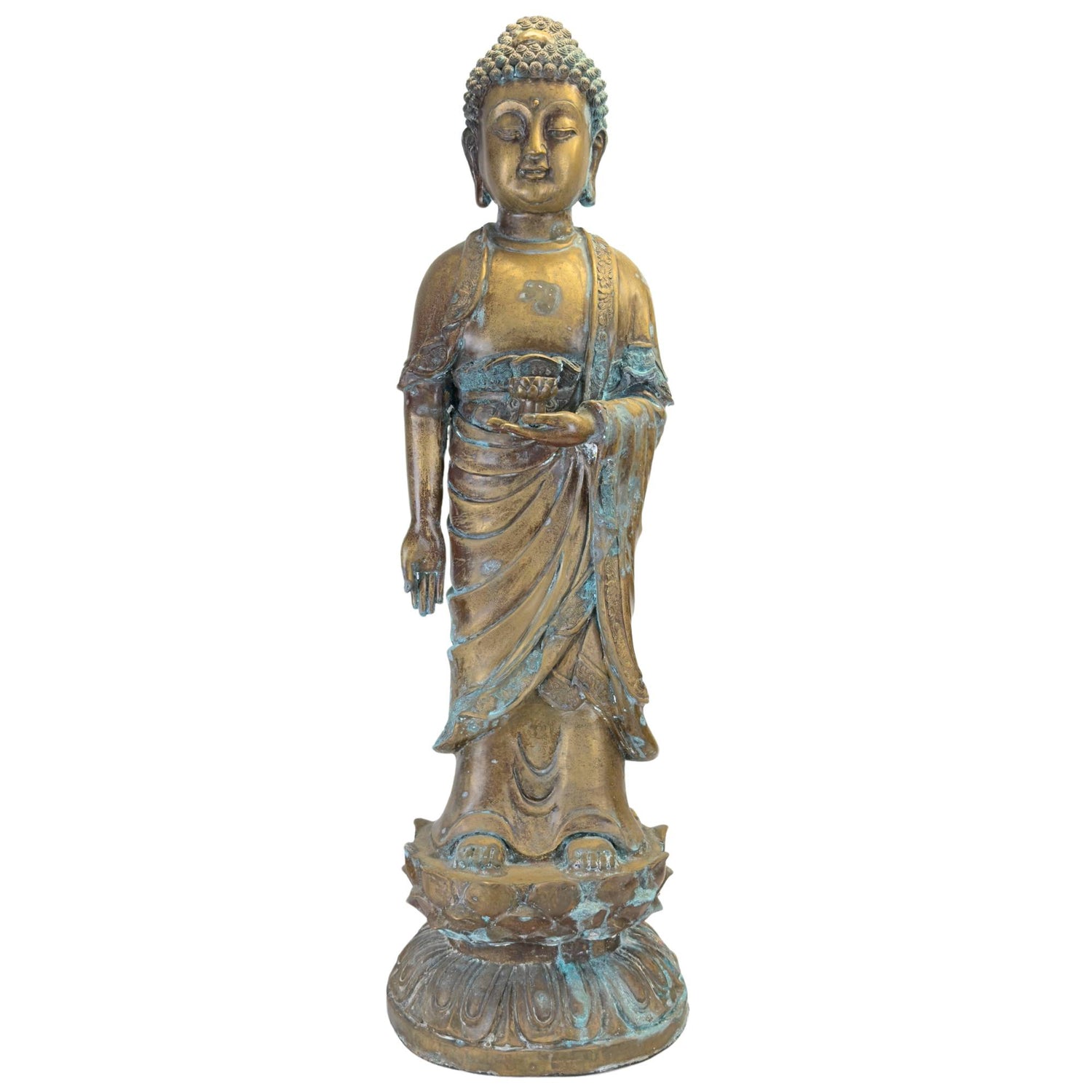 Staande bronzen Medicijnboeddha uit China met natuurlijke patina op lotustroon.