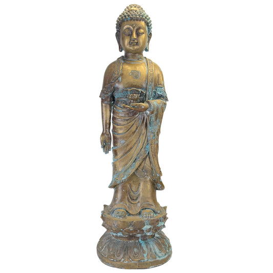 Staande bronzen Medicijnboeddha uit China met natuurlijke patina op lotustroon.