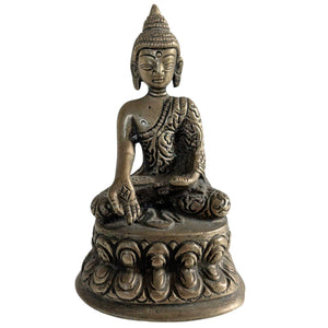 Antiek Messing Boeddha Beeldje (10cm) – Bhumisparsha Mudra & Swastika – Nepal