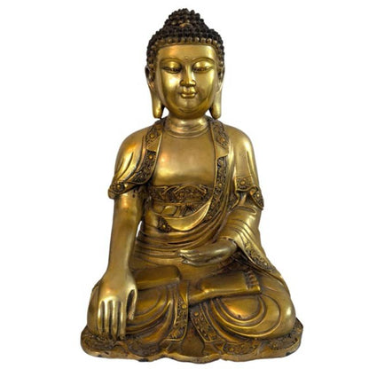 Vooraanzicht van een zwaar vuurverguld bronzen Buddha beeld in Ming-stijl.