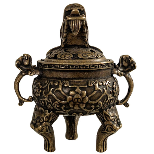 Miniatuur Chinese bronzen wierookbrander met drakenkop op het deksel van 1stbuddha.