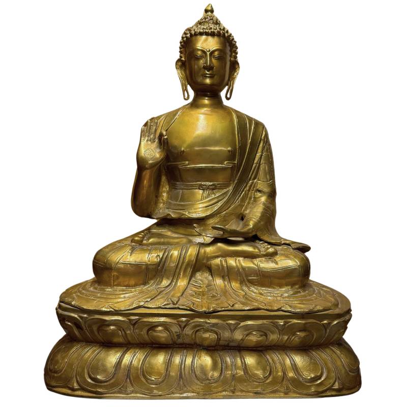 Monumentaal Verguld Tibetaans Shakyamuni Boeddha Beeld – Monnikenwerk – Abhaya Mudra met Handgegraveerd Kasaya Gewaad