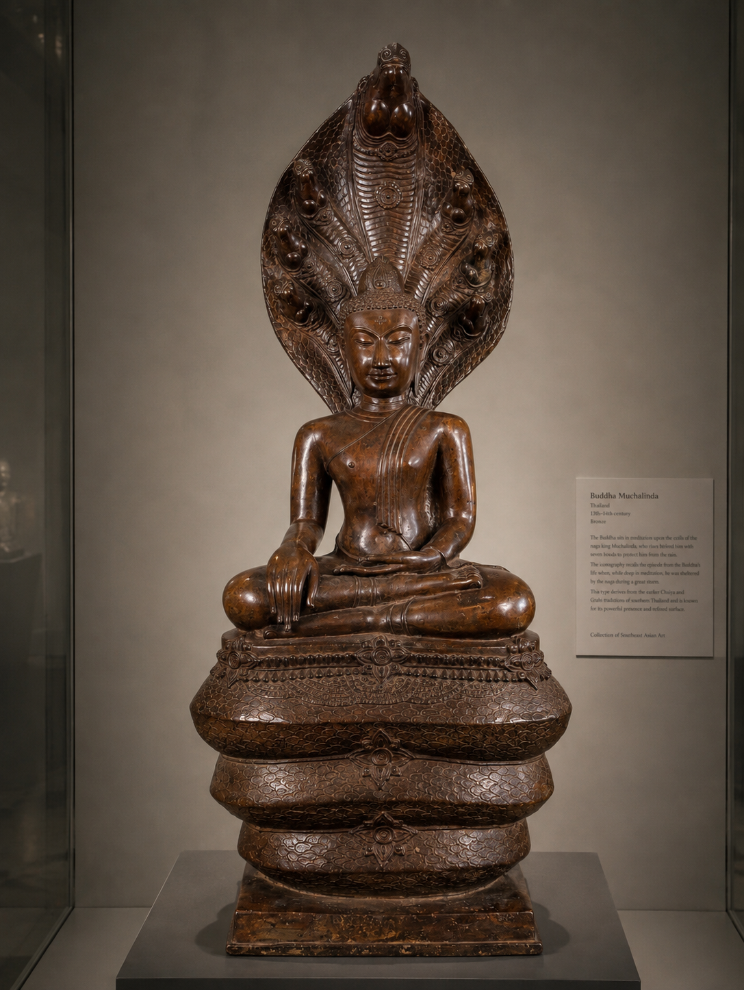 Monumentale bronzen Buddha Muchalinda uit Thailand, waarschijnlijk late 13e–14e eeuw, 122 cm hoog, gepresenteerd in museumopstelling