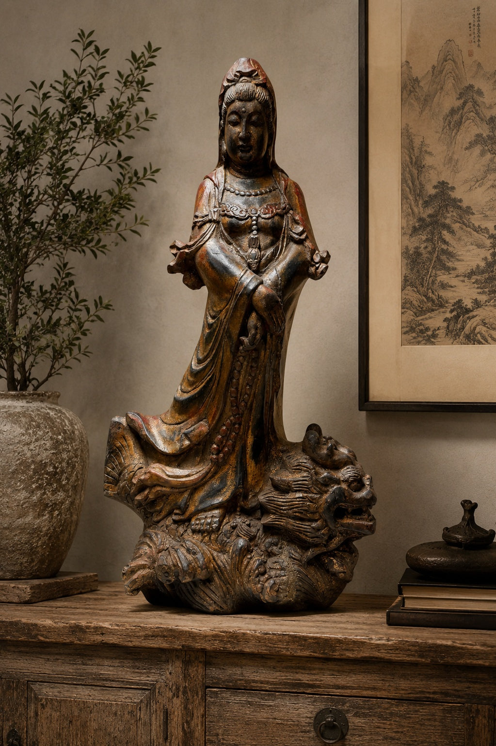 Monumentale antieke houten Guanyin