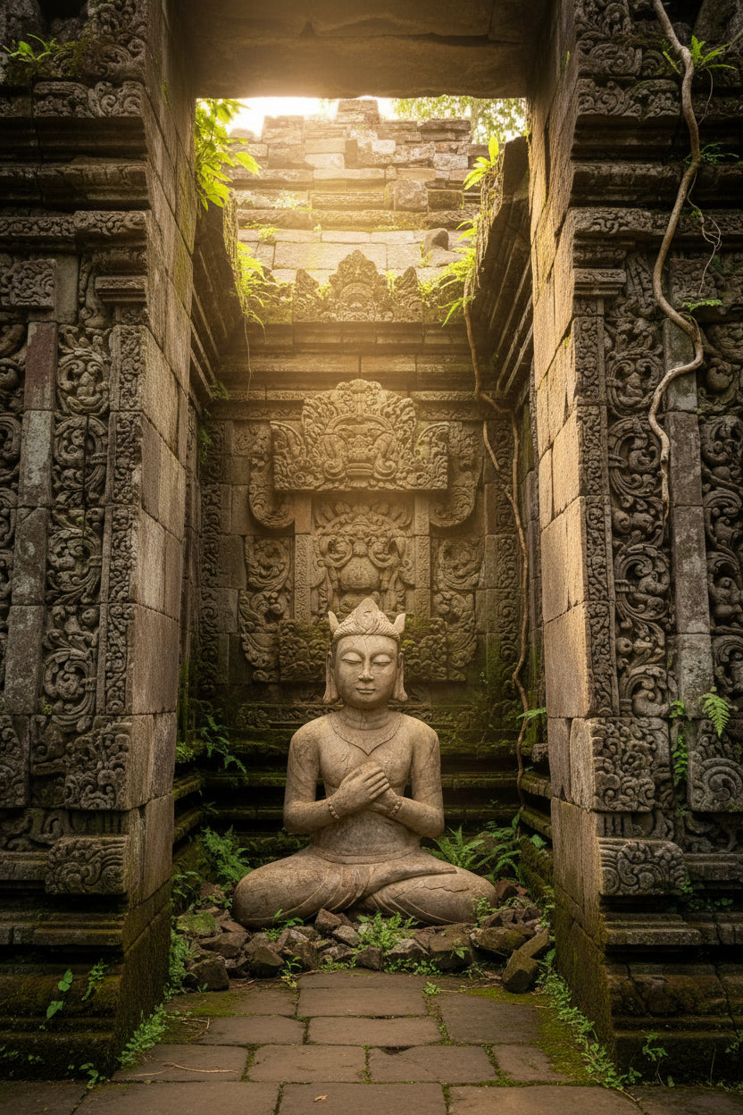 Monumentale indonesische Tempelfigur aus Naturstein mit spiritueller Ausstrahlung