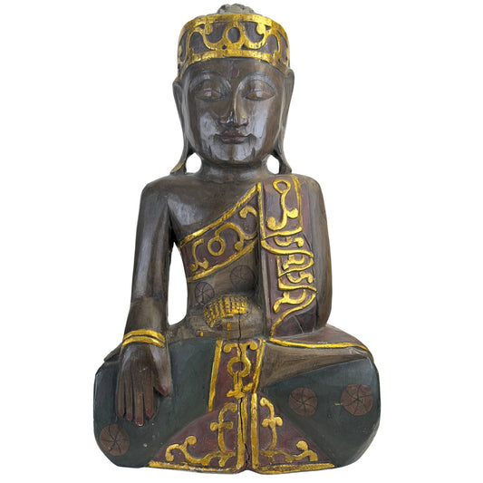 Frontaanzicht van de monumentale vintage Balinese handgesneden houten Jina Boeddha in Bhumisparsha mudra met gekroonde Mukuta hoofdtooi.