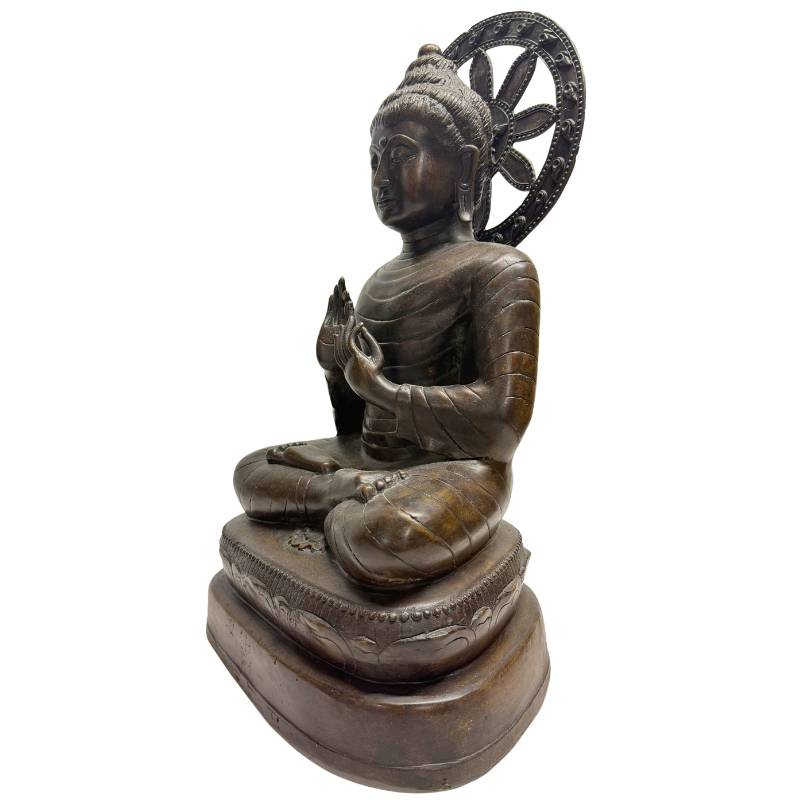 Myanmarische Buddha-Bronzestatue, Dharmachakra-Mudra, handgefertigte Optik, Mandalay-Stil