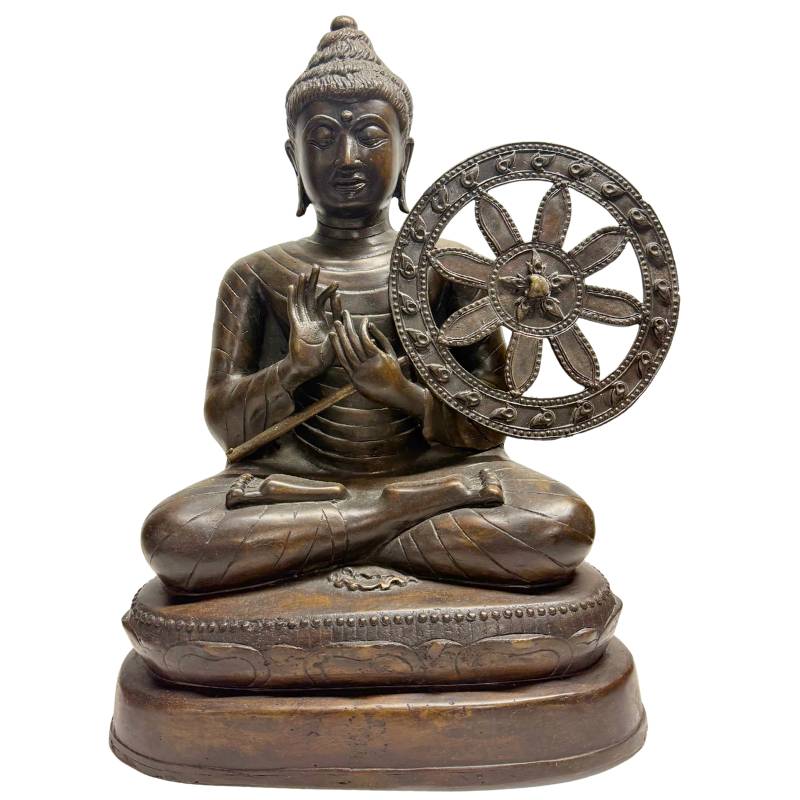 Bronze-Buddha-Statue aus Myanmar in Dharmachakra-Mudra (Lehrgeste) mit Raddetail.