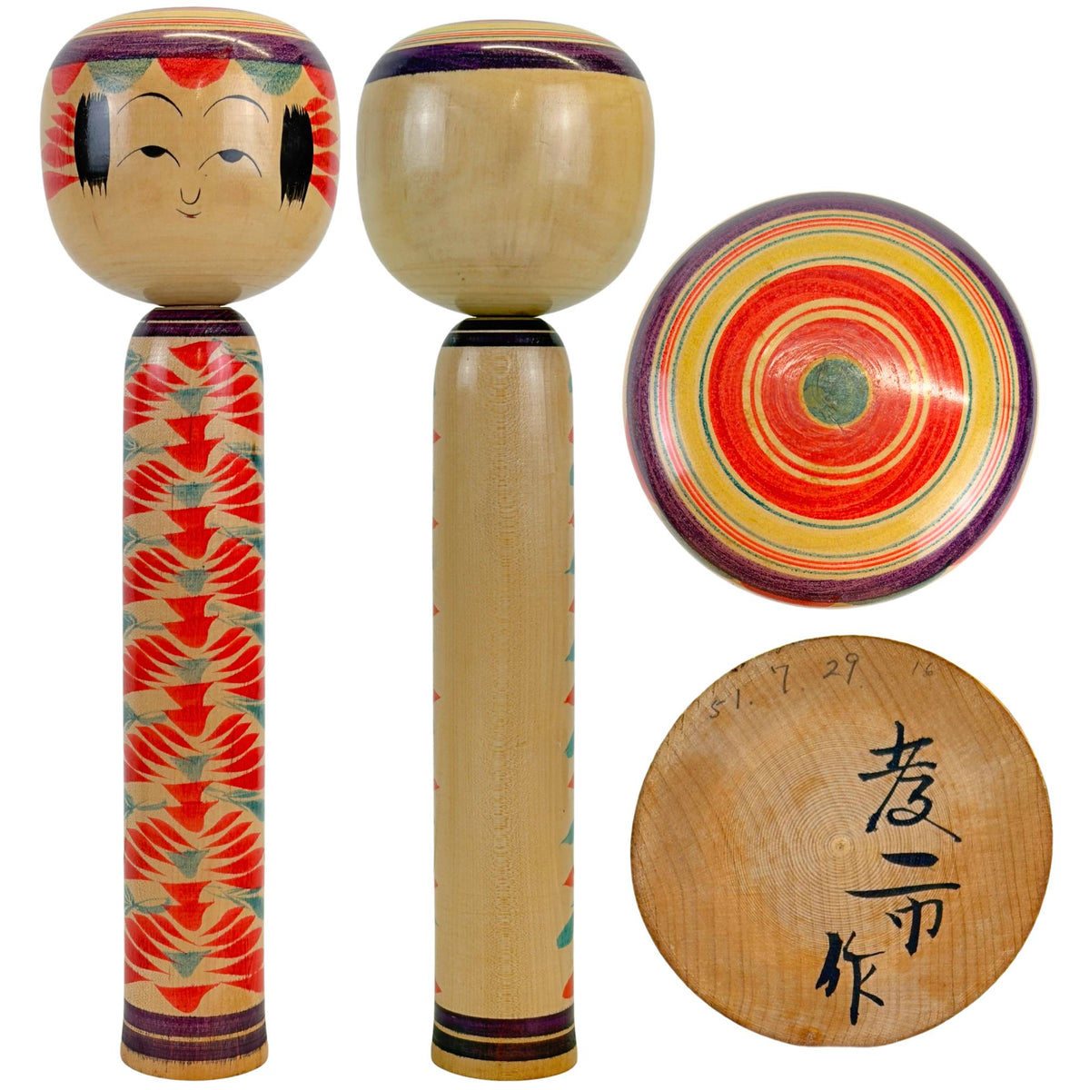 Traditionele Naruko Kokeshi van Hikoji Sato met voor-, achter-, boven- en onderaanzicht.