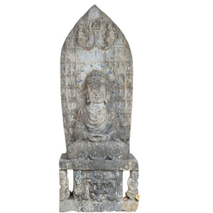 Grote Himalaya Kalkstenen Boeddha-stele met Naga en Tempelreliëf – Nepal – vóór 1960 – 122 cm