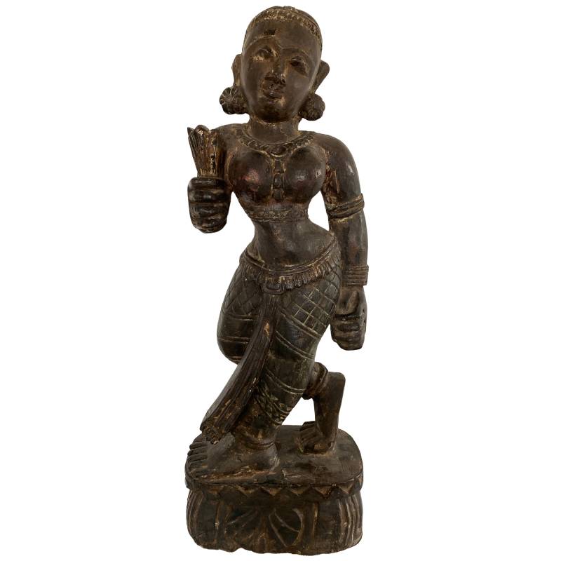 Antique Indian polychrome wooden female temple figure, full view