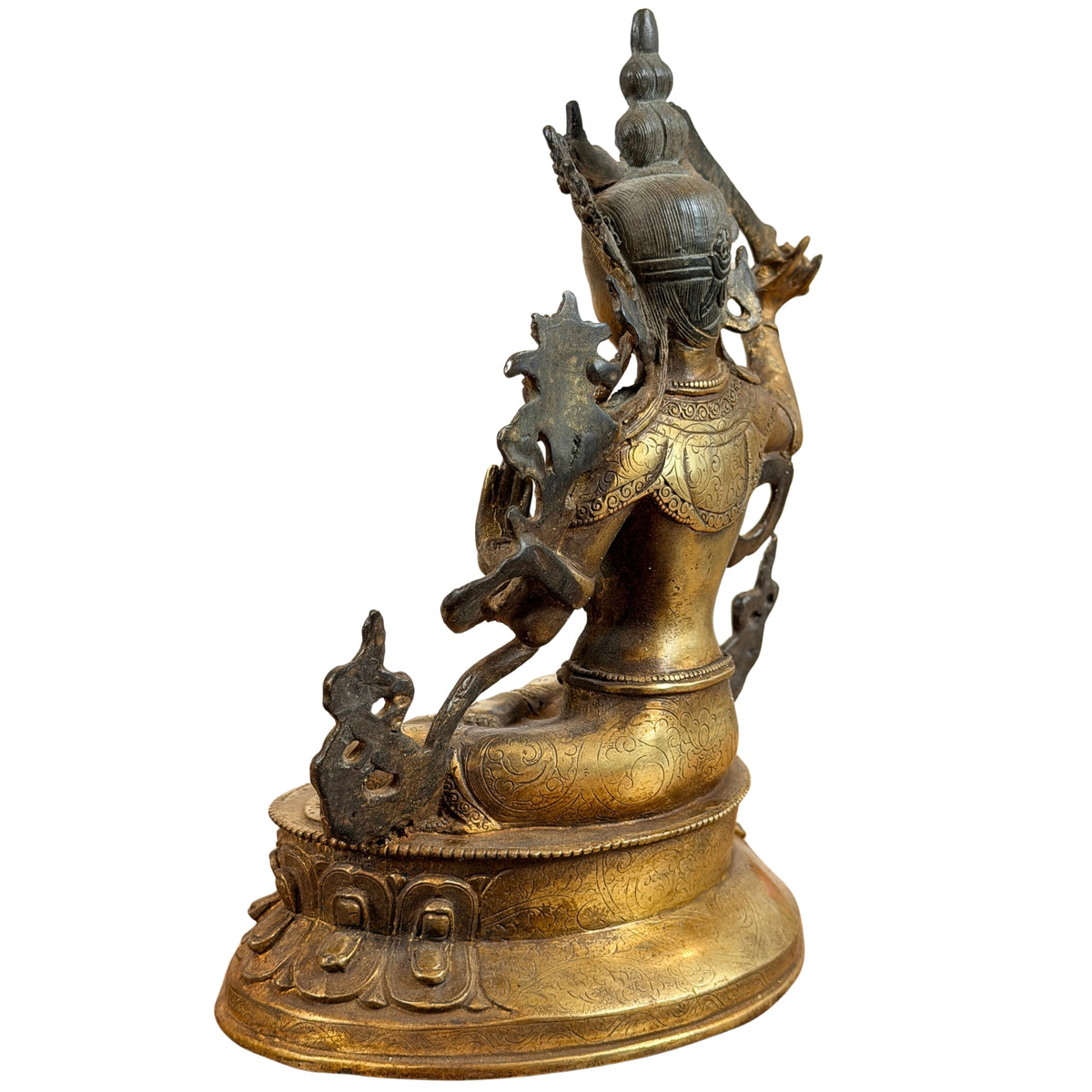 Manjushri schuin van achteren vanaf de lotuskant, op de ronde lotusvoet