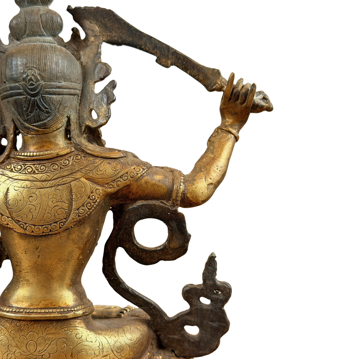 Rechter achterkant van Manjushri met opgeheven zwaardarm en schouderpatronen