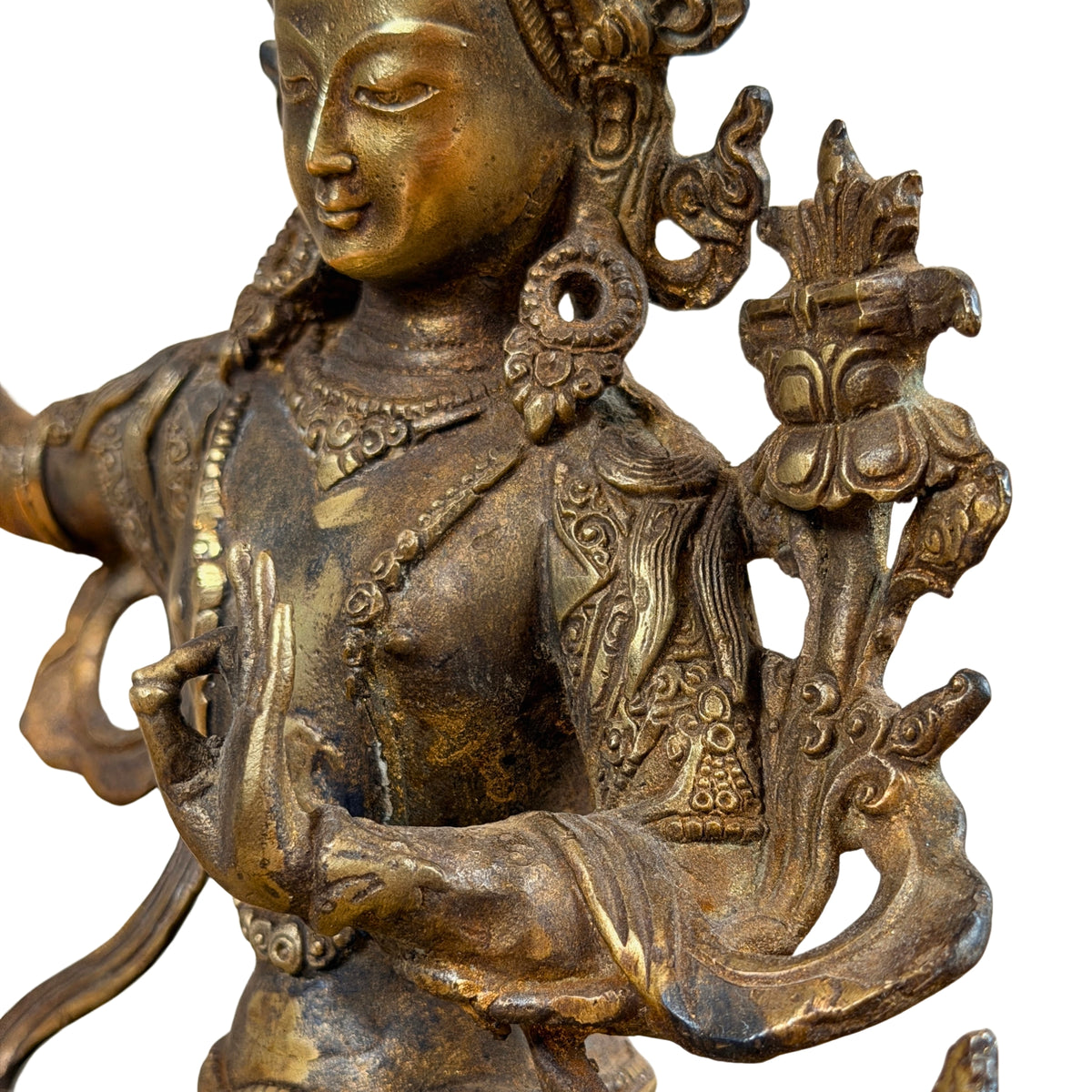 Bovenlichaam van Manjushri met handgebaar, sieraden en boek op een lotus