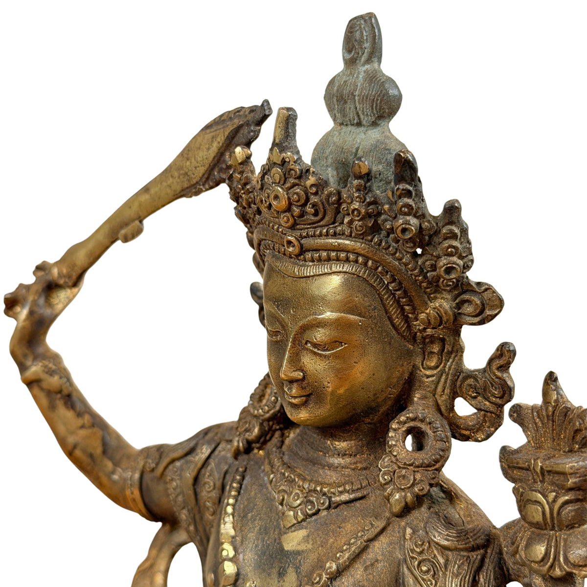 Sierkroon en gezicht van Manjushri onder het opgeheven zwaard