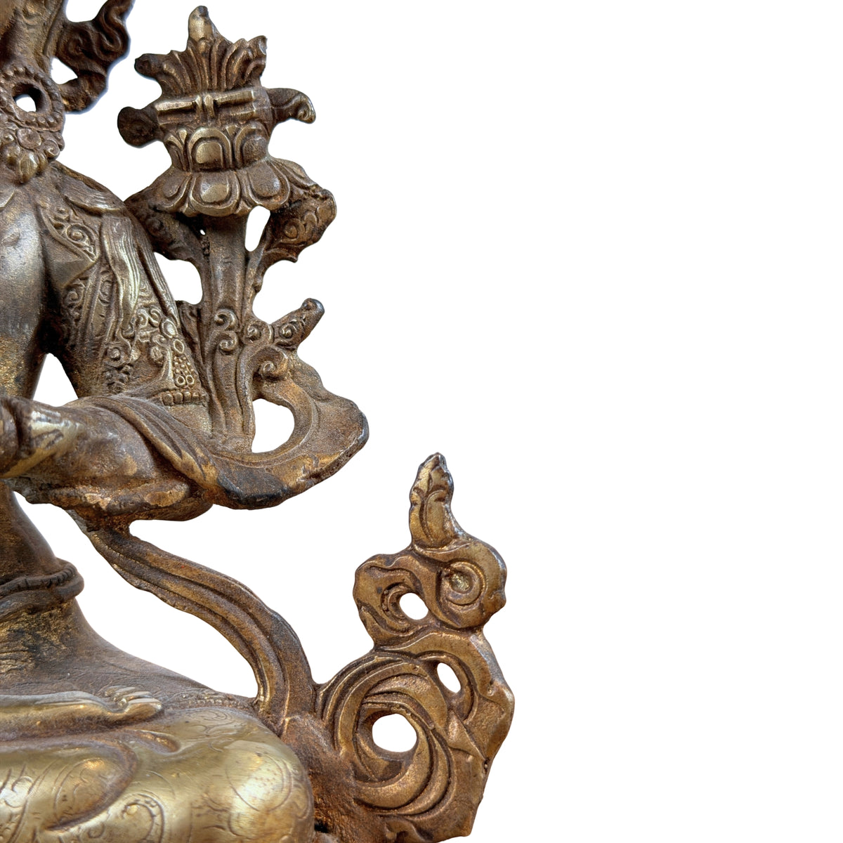 Lotussteel met boek en opengewerkt ornament naast de zittende Manjushri