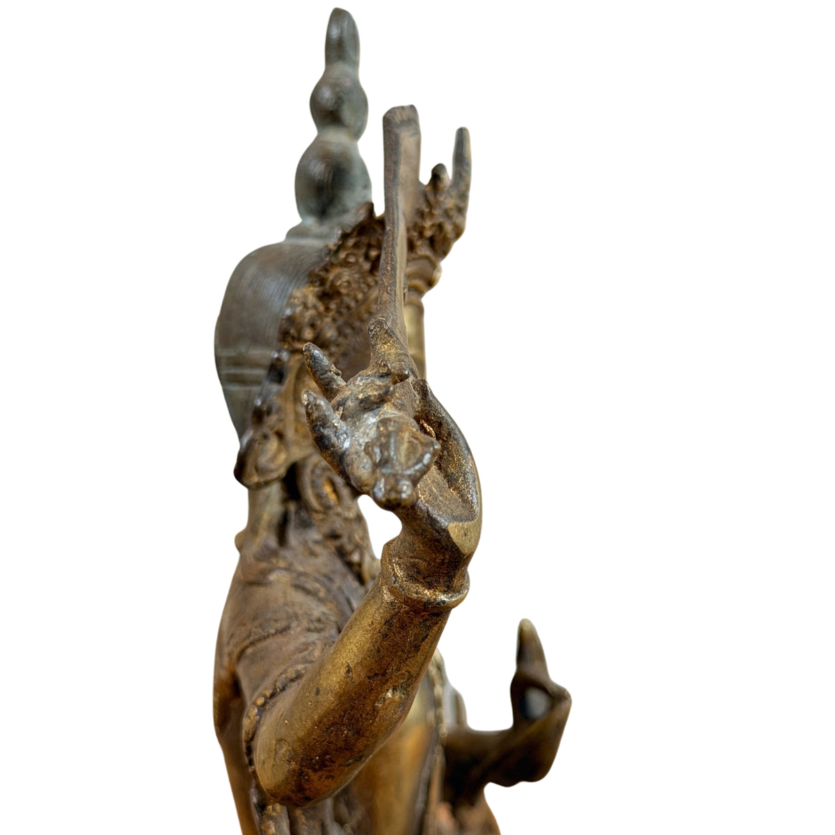 Zijprofiel van Manjushri met kroon, oorhanger en geheven arm