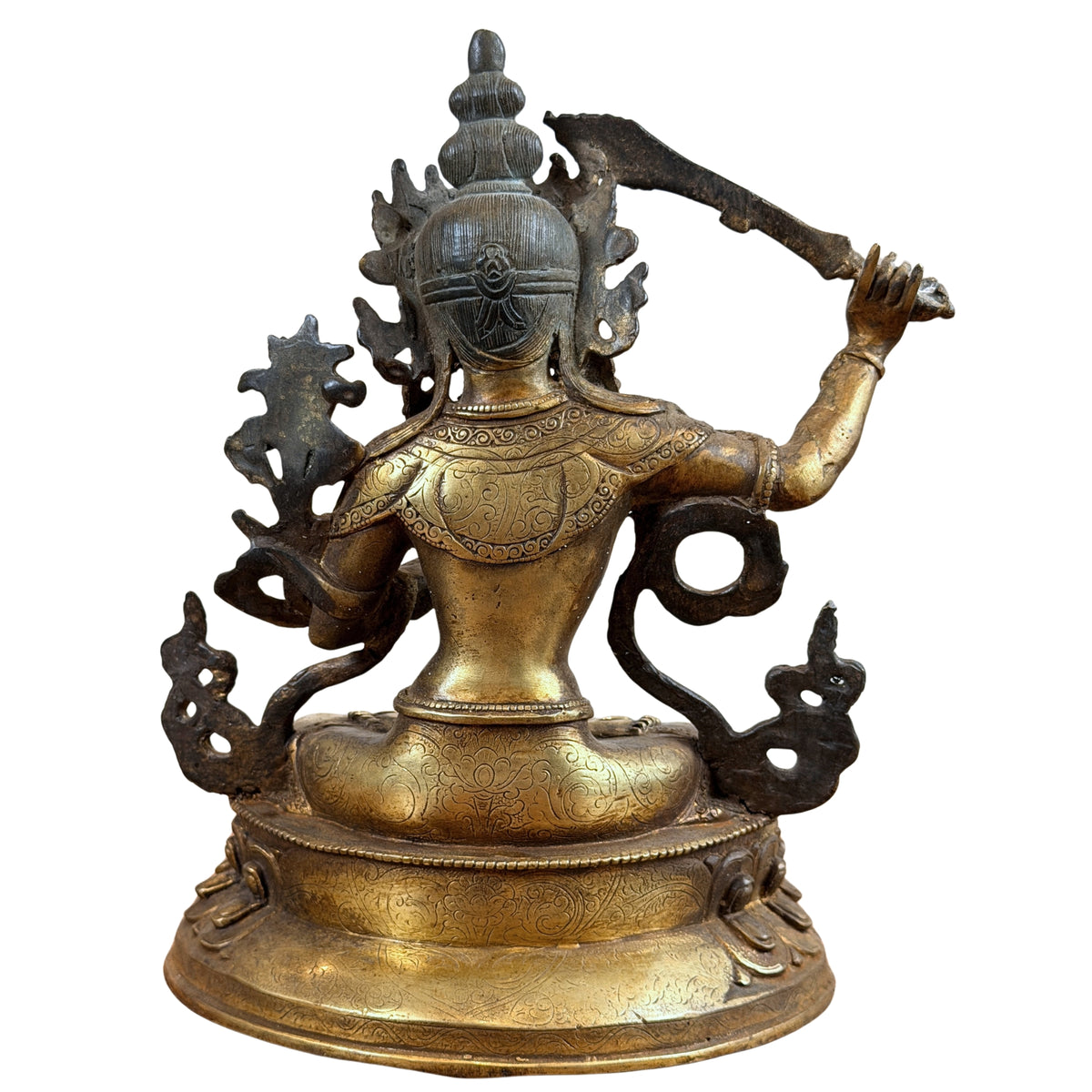 Volledig achteraanzicht van Manjushri, met haarwrong, zwaard en ronde basis