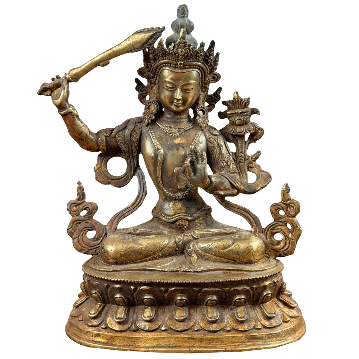 Nepalees Manjushri-beeld op een lotustroon, met opgeheven zwaard en boek op een lotus