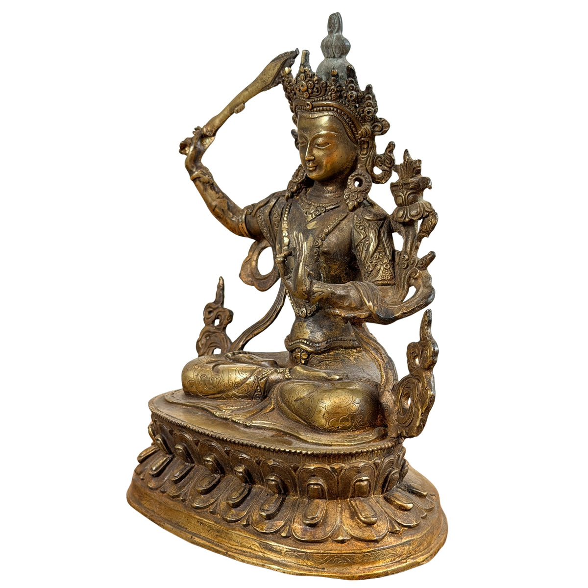 Manjushri schuin van voren met zwaard boven de kroon en boek naast de schouder