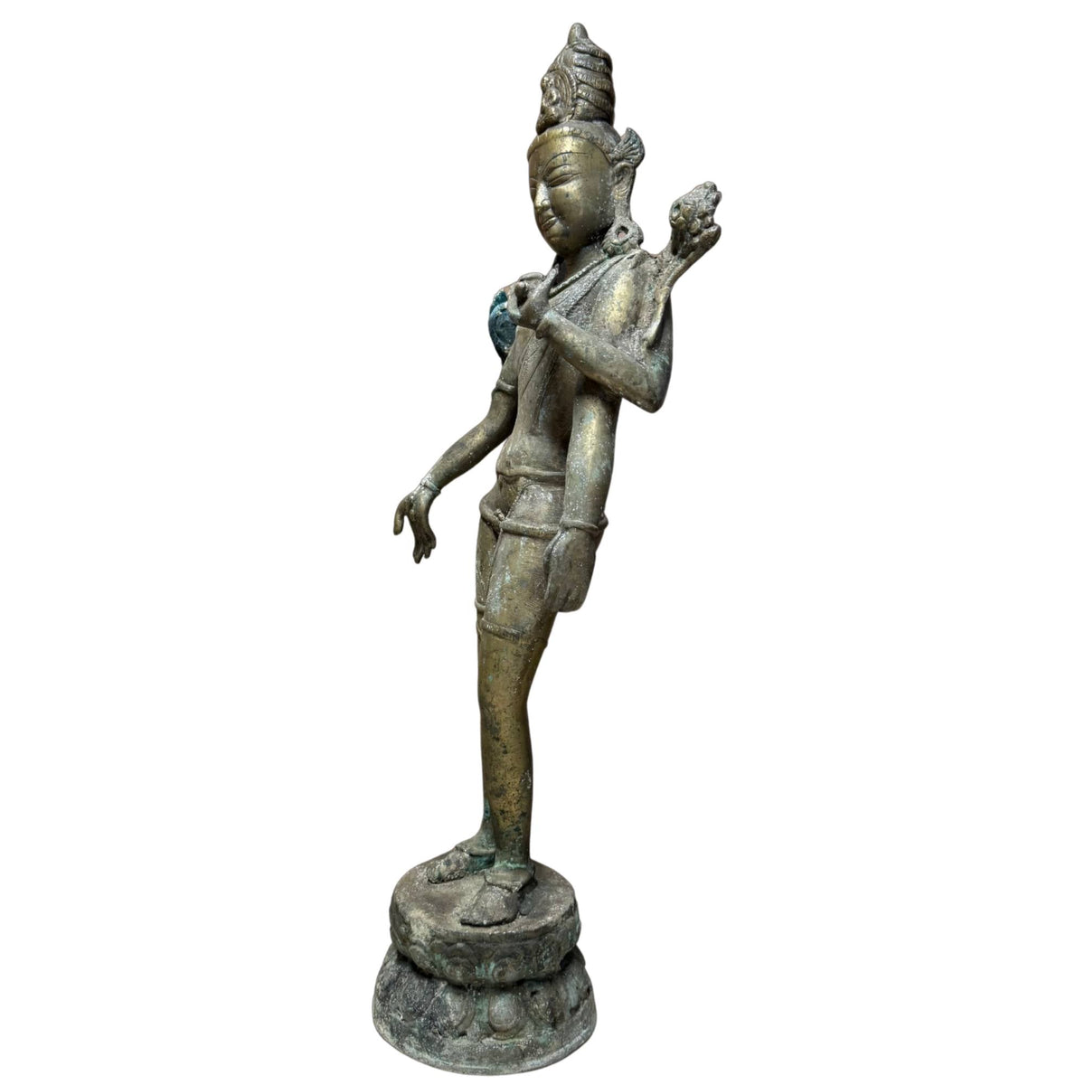 Nepalese vierarmige Avalokiteshvara in vuurverguld brons, 17e eeuw – driekwart rechts