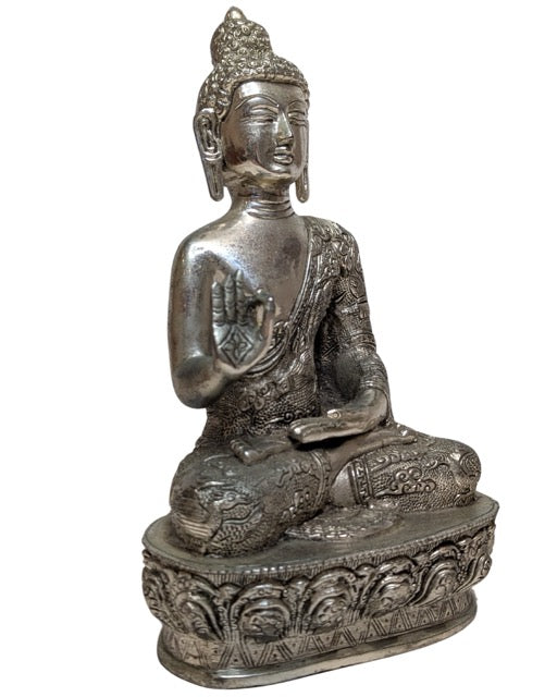 Nepalese Boeddha in zilverkleurige koperlegering Vitarka mudra