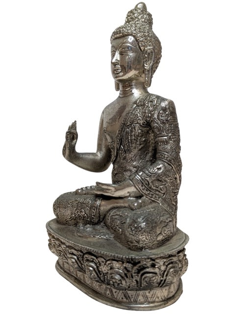 Nepalese Boeddha in zilverkleurige koperlegering Vitarka mudra