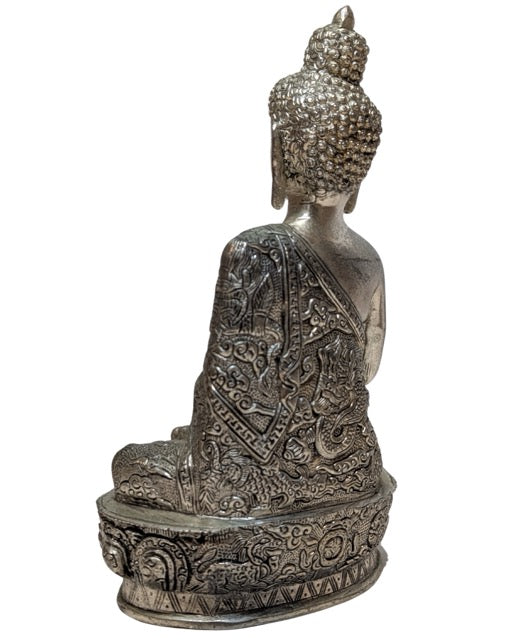 Nepalese Boeddha in zilverkleurige koperlegering Vitarka mudra