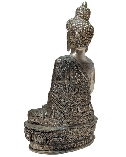 Nepalese Boeddha in zilverkleurige koperlegering Abhaya mudra