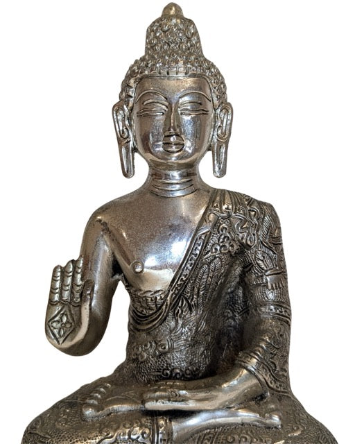 Nepalese Boeddha in zilverkleurige koperlegering Vitarka mudra