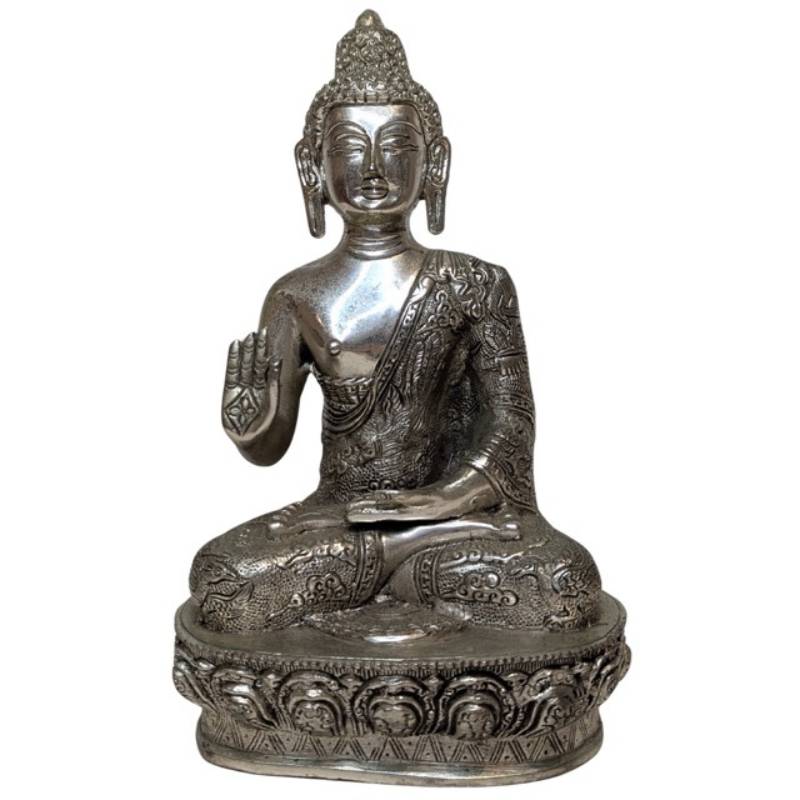 Nepalese Boeddha in zilverkleurige koperlegering Vitarka mudra