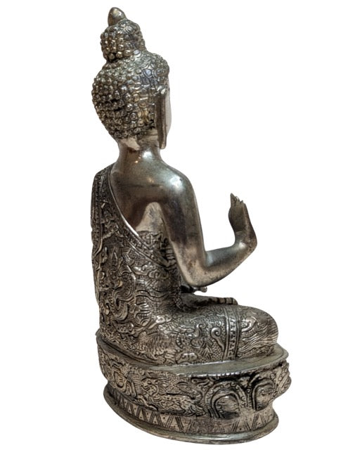 Nepalese Boeddha in zilverkleurige koperlegering Vitarka mudra
