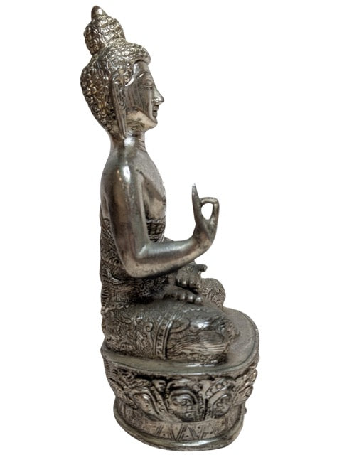 Nepalese Boeddha in zilverkleurige koperlegering Vitarka mudra
