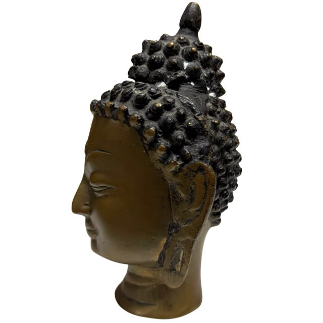 Devotioneel boeddhahoofd uit Nepal, bronzen gieting met originele vuurvergulding