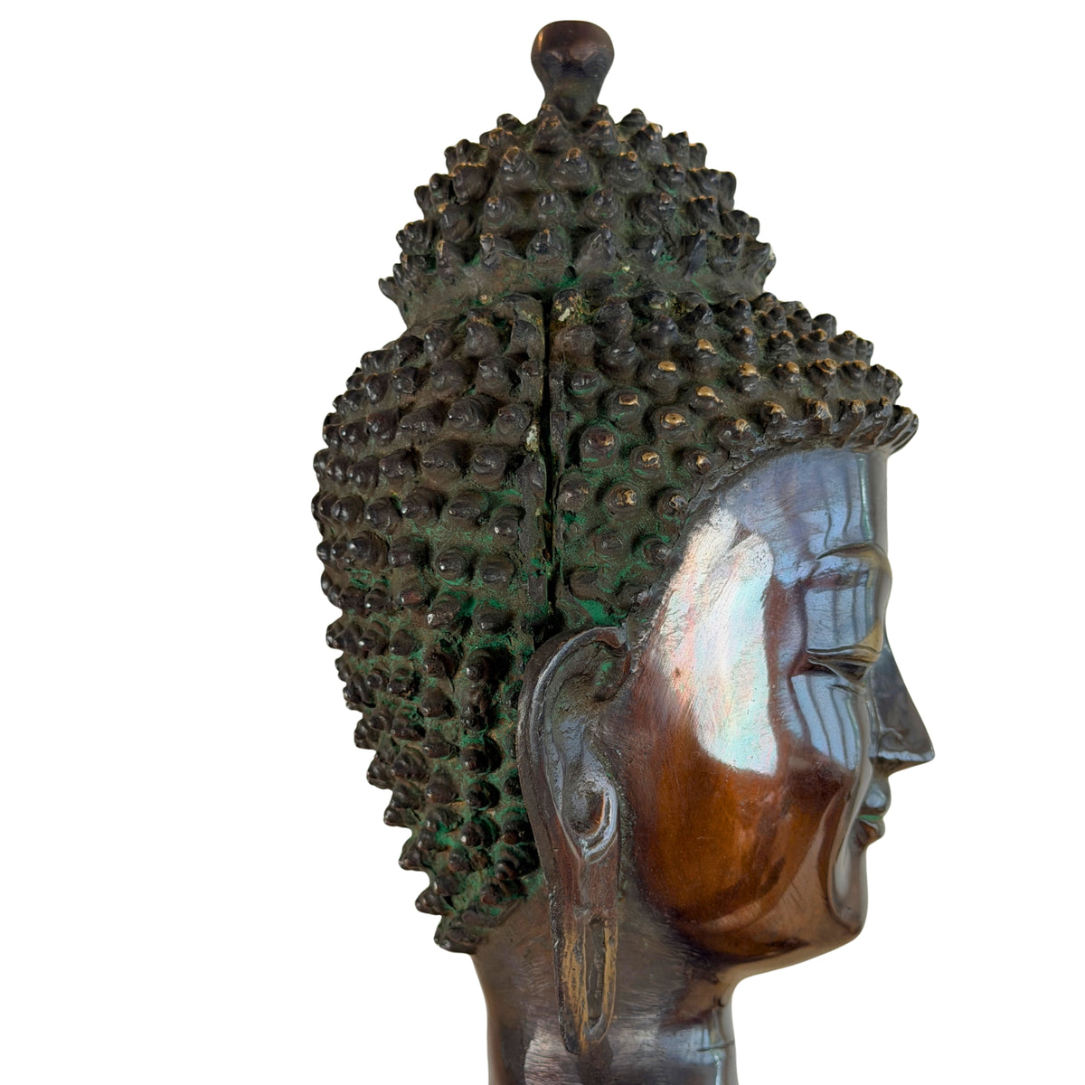 Hoofd in profiel met haarlokken, lange oorlel en groene patina in de krullen