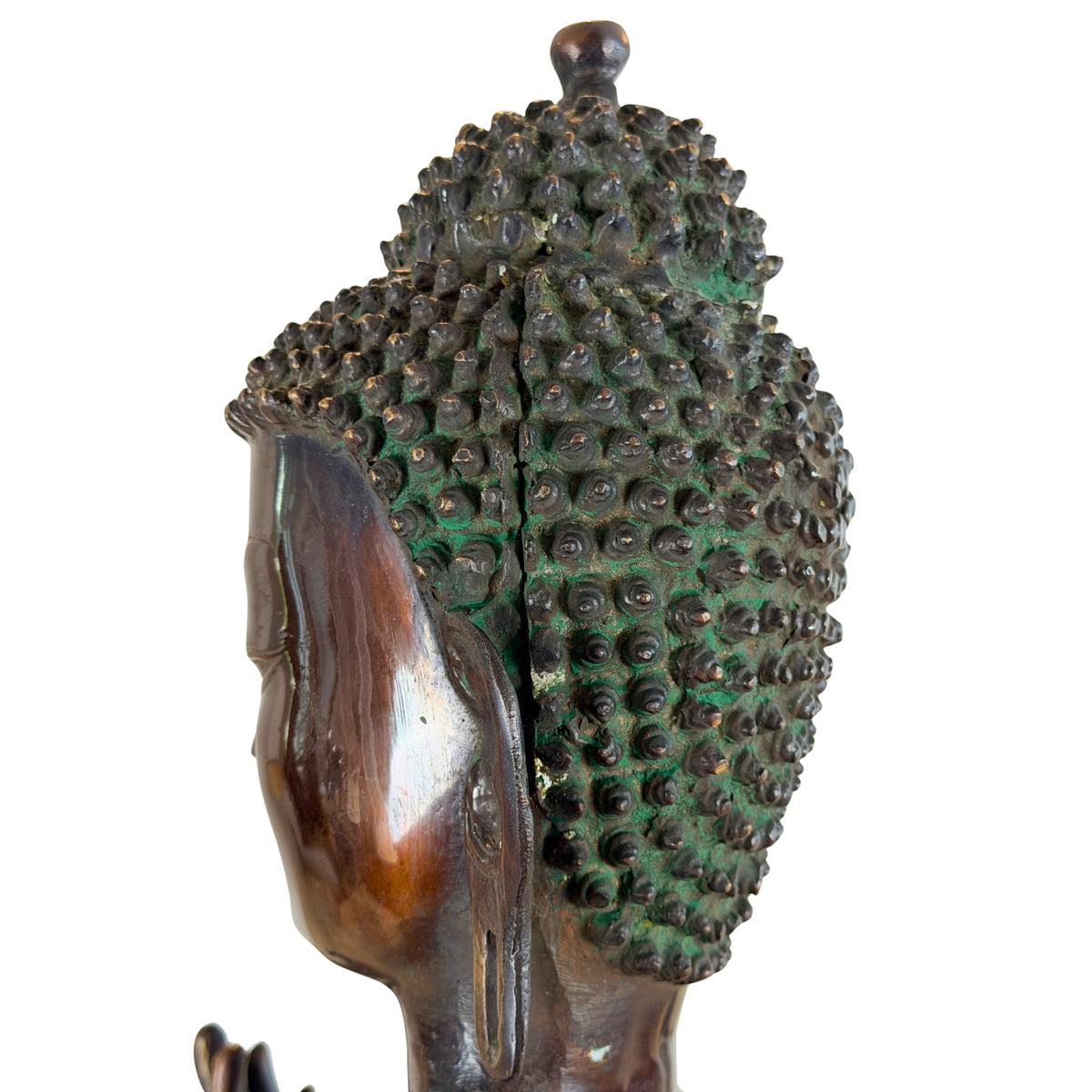 Hoofd schuin van achteren met haarlokken en groene patina