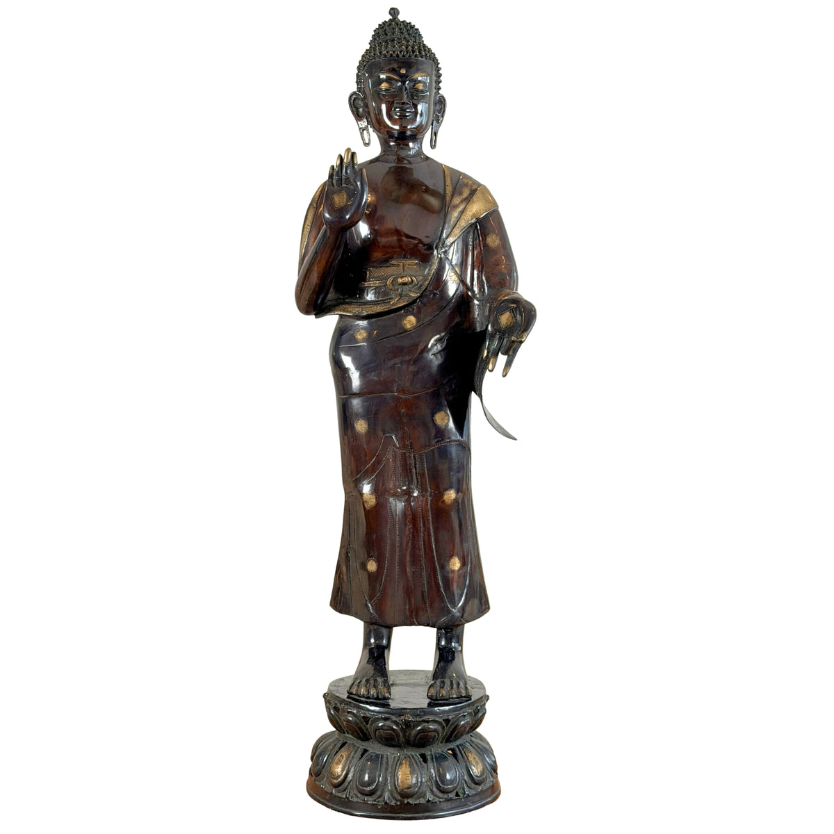 Monumentale Nepalese bronzen staande Boeddha in abhaya mudra op dubbele lotussokkel, vooraanzicht