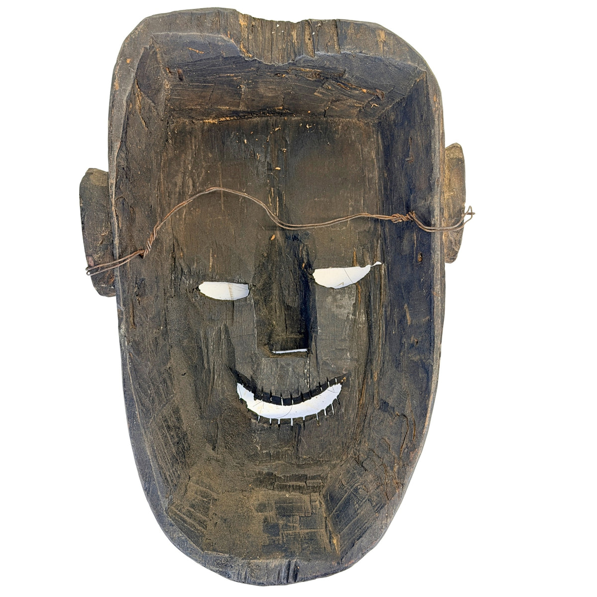 Achterzijde van Nepalees houten sjamanenmasker met oud draagkoord en uitholling