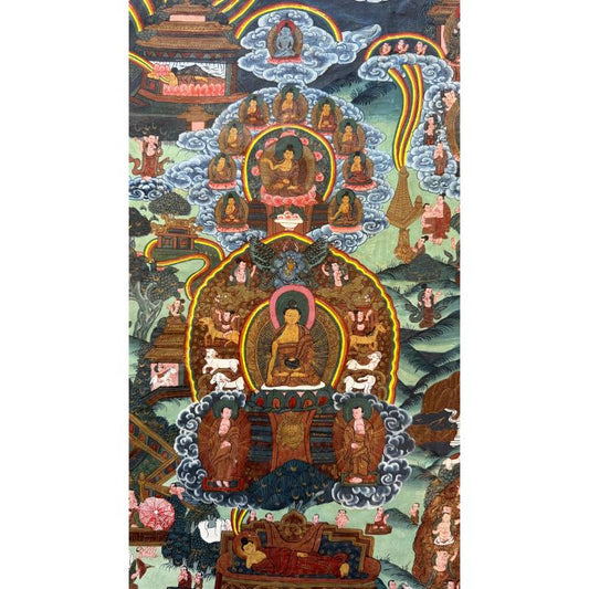 Detail van Boeddha in meditatie op oude Nepalese thangka