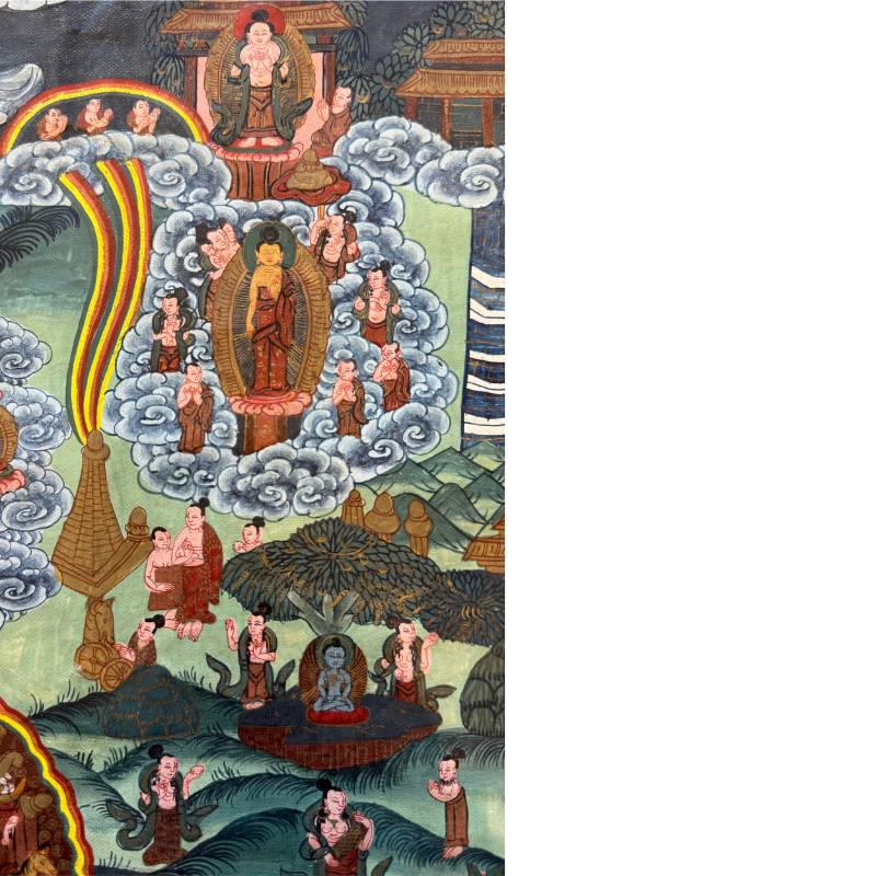 Boeddha met halo afgebeeld op oude Nepalese thangka