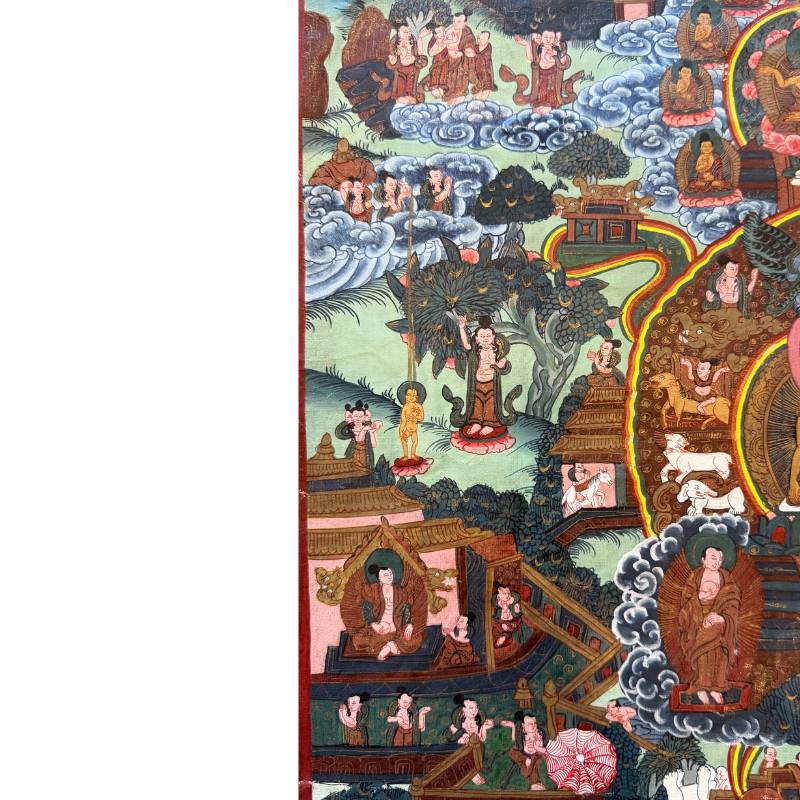 Boeddha omringd door discipelen op verhalende Nepalese thangka