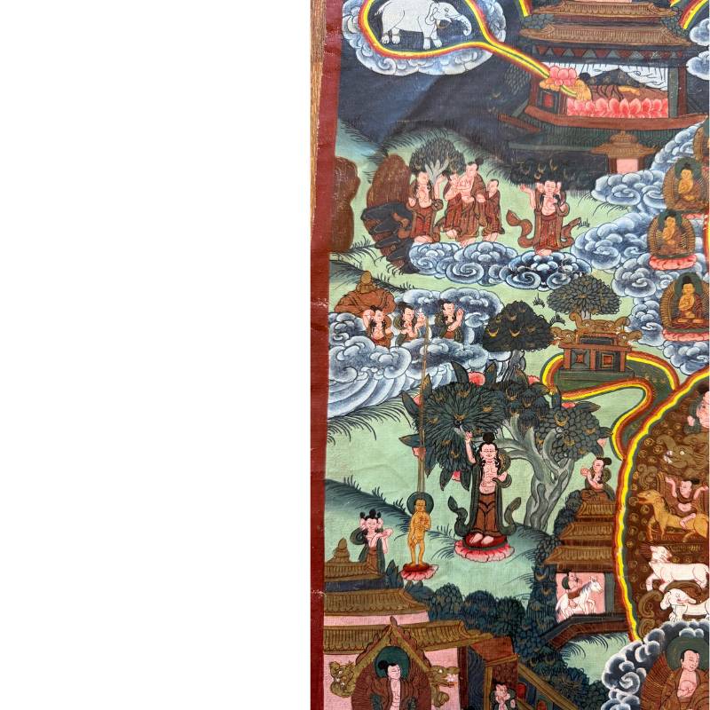 Spirituele figuren in berglandschap op Nepalese thangka
